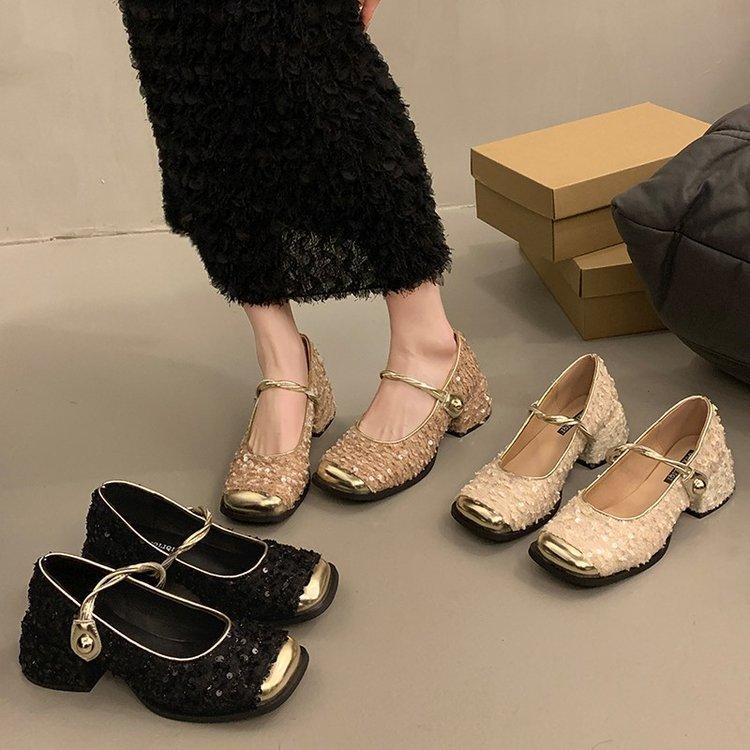 French Sequined Silver Bag Head Half Slippers Women's 2025 Spring and Summer Xiaoxiangfeng Korean Version Temperament Mary Jane Single Shoes Women's S