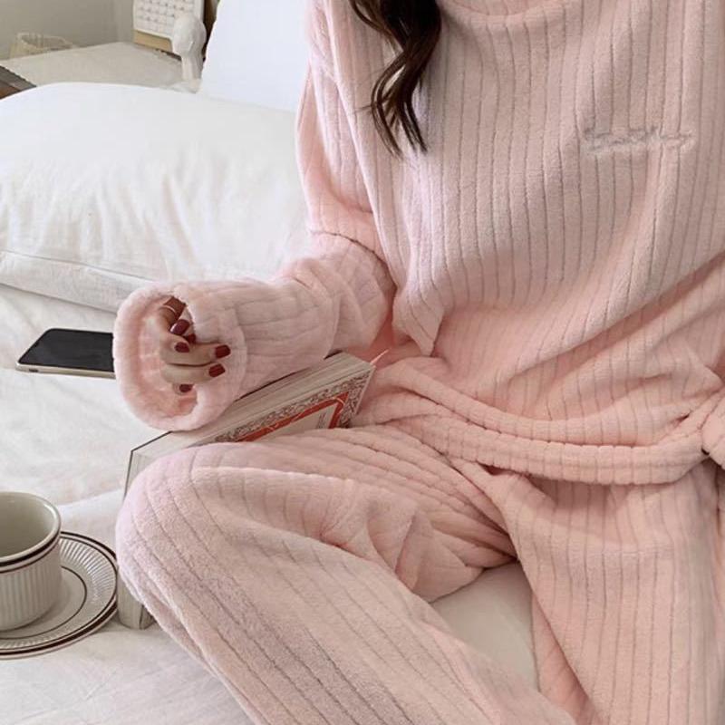 Jesienno-zimowa flanelowa ciepła piżama damska luźna miękka koralowa polarowa bielizna nocna gruba bielizna nocna Casual Home Suit jednolity zestaw piżam
