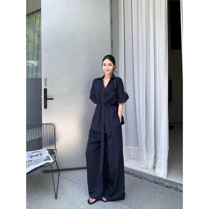 Kumikumi Fashion White Suit Short Sleeve Shirt Women Fall High Waist Slim Looking All-Matching Casual Trousers Two-piece Set