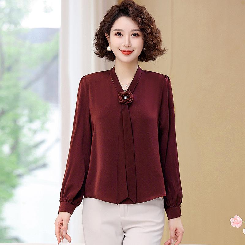 

Женская однотонная футболка с длинным рукавом - Модная модель 2025 года, омолаживающий весенне-осенний стиль для женщин среднего и пожилого возраста XXXL (120-130 jin) вино красного