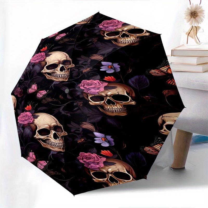 Rose Skull Automatic Folding Umbrella 8 Ribs, Durable Iron Frame, Bright Color Pattern Compact Travel Umbrella, Suitable for Outdoor, Beach