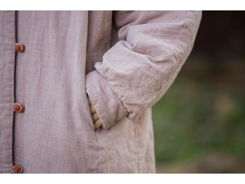 Women's Retro Chinese Style Cotton Linen Jacket with Plate Buckle - Sand Washed, Loose Fit, Padded Warmth
