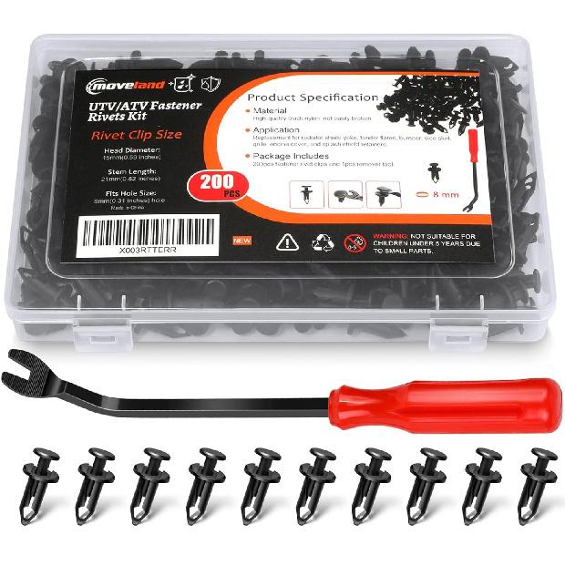 Moveland 200PCS 8Mm UTV ATV Fender Push Clips With Fastener Removal Tool, Nylon Body Rivets Fasteners Clips Compatible With Polaris Ranger RZR Can Am