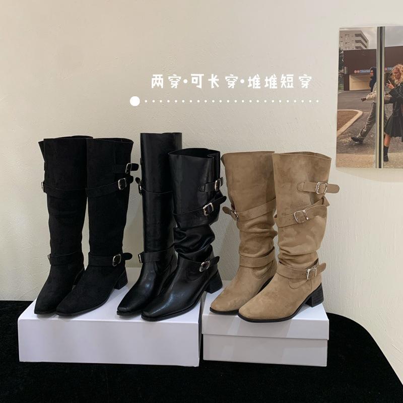 Thick heel retro suede long tube knight boots women's shoes 2025 new autumn design sense two wear thin medium tube boots