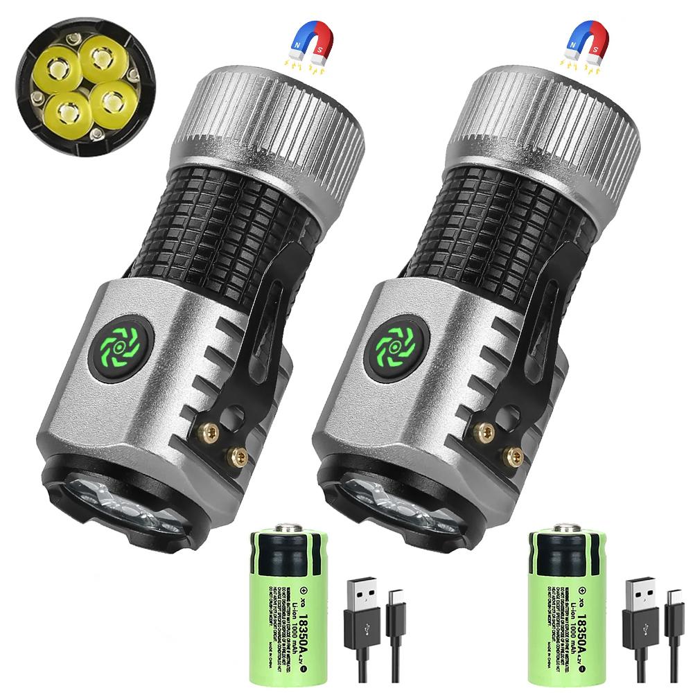 High Power Mini EDC Flashlight Built in 18350 Battery USB Rechargeable Magnetic Torch Outdoor Camping Fishing Lantern