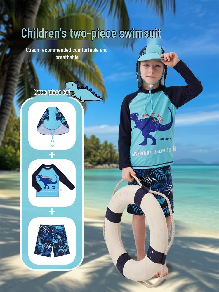 

Раздельный купальник с капюшоном для мальчиков с мультяшным динозавром: Комплект с длинным рукавом для серфинга и пляжного дайвинга 140