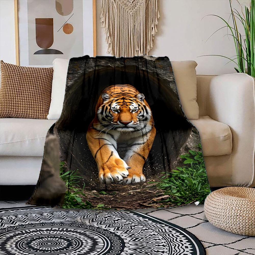 

Multiple sizes Tiger emerging from cave Print Blanket Warm Soft Suitable for All Seasons for Home Sofa Travel Camping Picnics RV 75x100cm