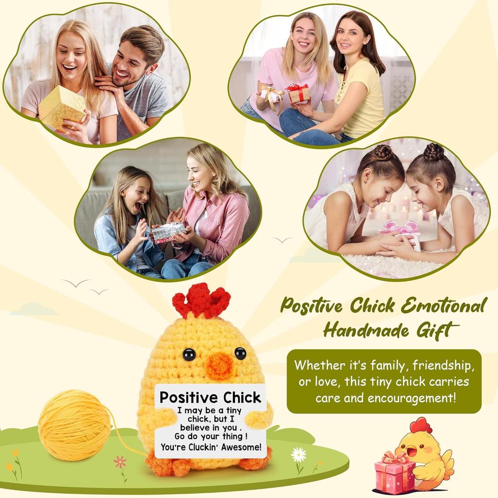 Ny Virkad Positiv Kycklingdocka Med Emotionellt Kort Hem Rumsdekoration Handgjord Ullstickad Kycklingprydnad Julklapp