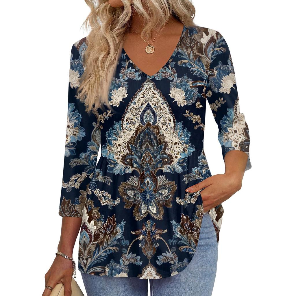 Women's T Shirt Print 3/4 Sleeve Fashion Basic V- Neck Regular Top