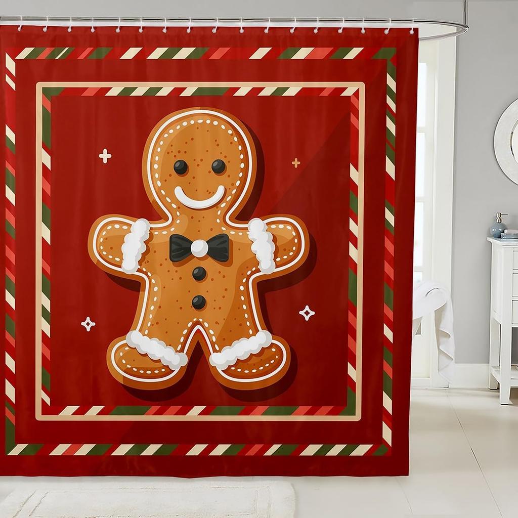 Merry Pink Christmas Shower Curtain,Cartoon Gingerbread Man Bathroom Curtain,Snowflakes Candy Fabric Shower Curtains,Happy New