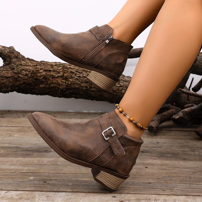 Retro Buckle Strap Ankle Boots For Women Thick Middle Heel Autumn Winter Pointed Head Short Botines Side Zipper Fashion Shoes 43