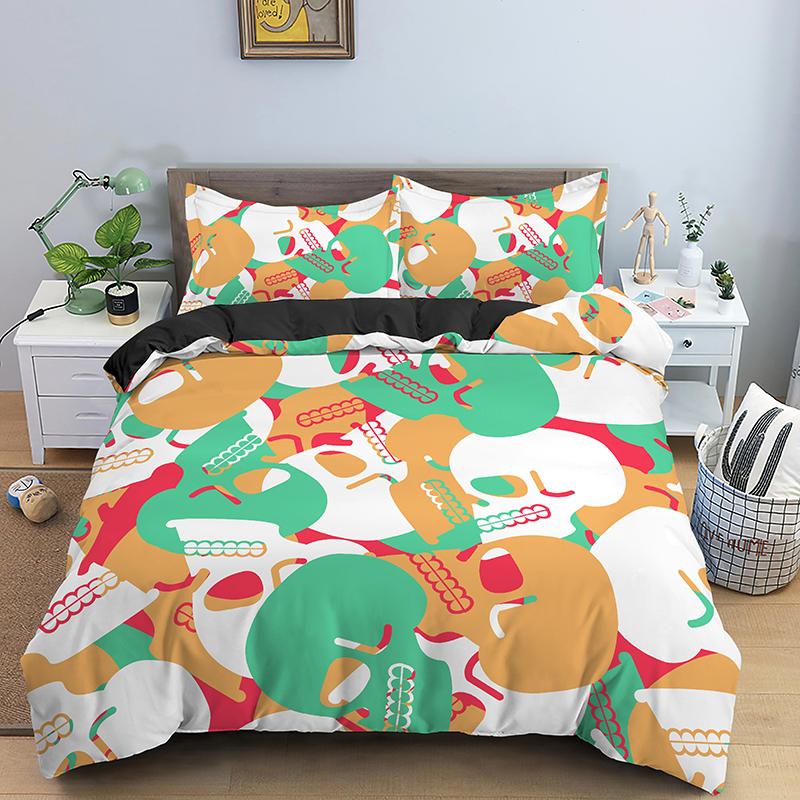 Skjelett Skull Sengesett 2 /3stk Queen /King Size Dynetrekk Sett Sengetøy Putetrekk Dynesett Hjemmetekstil