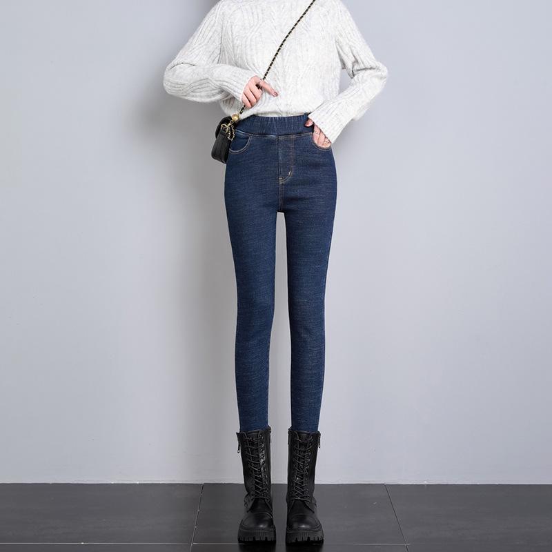 Women's Brushed Denim High-Waist Skinny Pants - Autumn/Winter 2023: Warm, Elastic, Thick Cotton