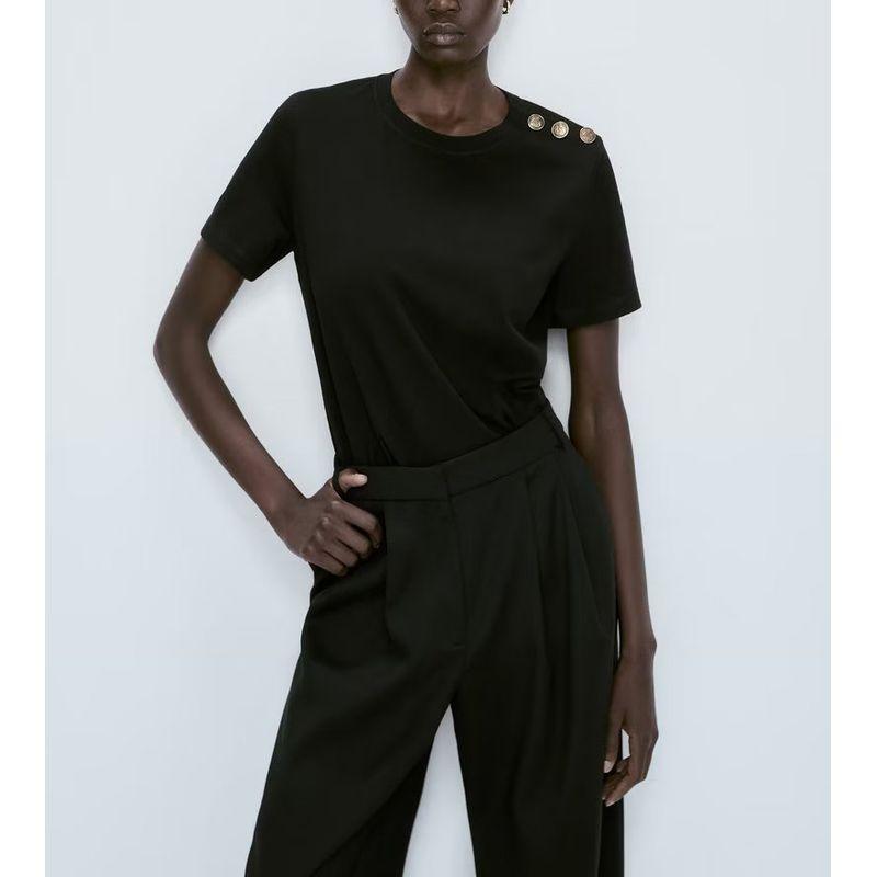 T-shirt Spring White Tops Button Versatile Short Sleeve MD