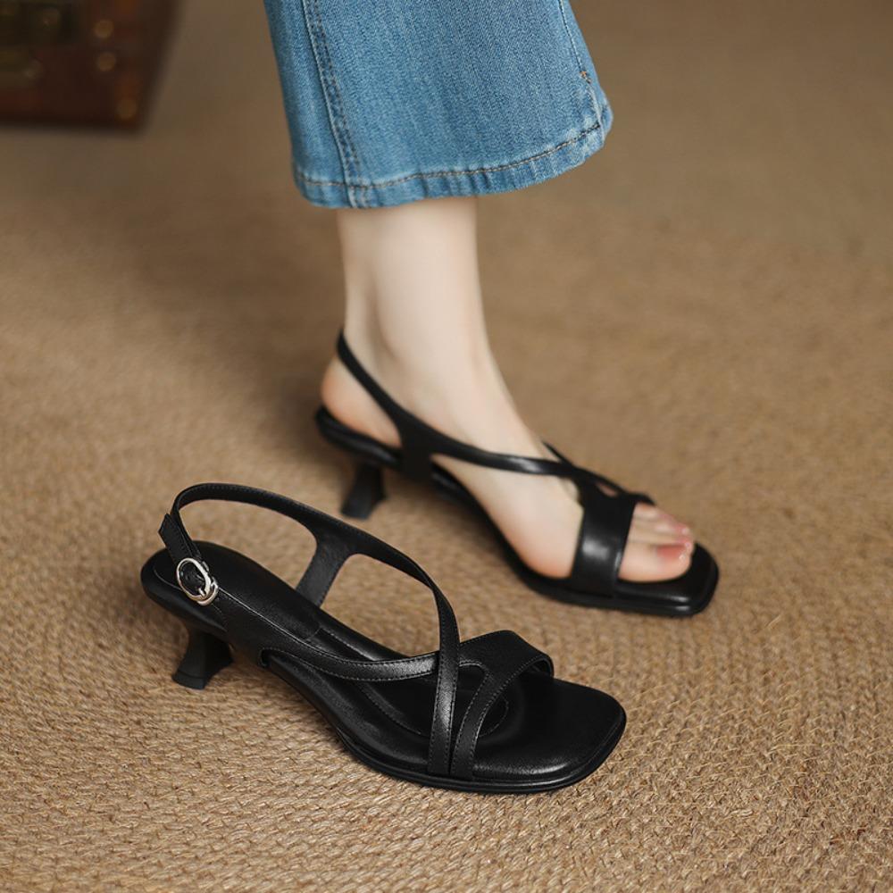 

Summer Concise Fashion Women Sandals Thin Heels Narrow Band Peep Toe Slingback Shoes Lightweight Cross-Tied Female Footwears 40 чорний