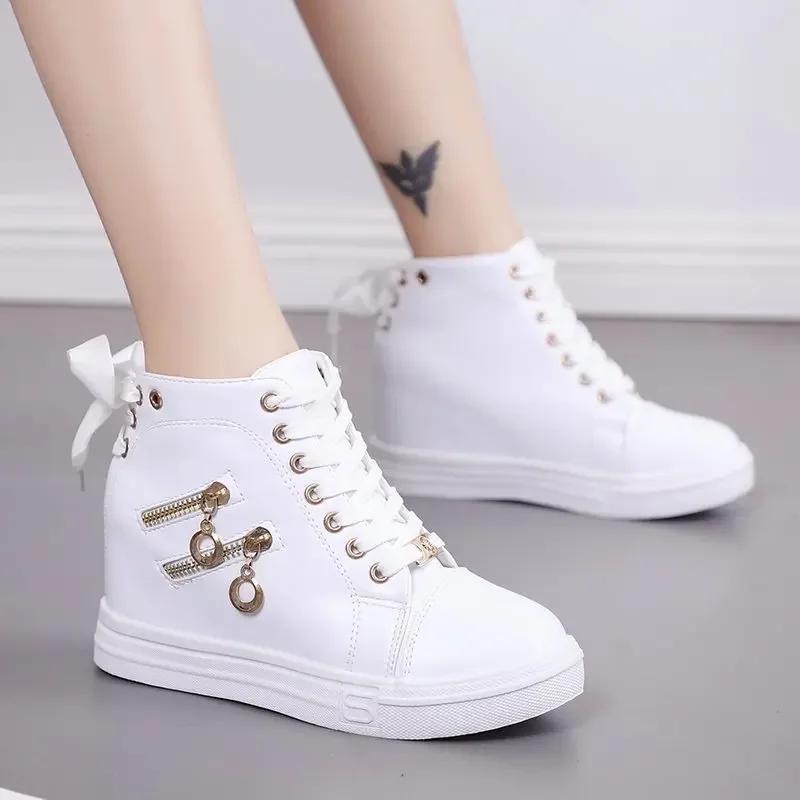 Fashion Women's Sneakers with Platform Wedge Heels Shoes for Woman Leather Casual Shoes White High Top Sneaker Lady Vulcanized Shoes