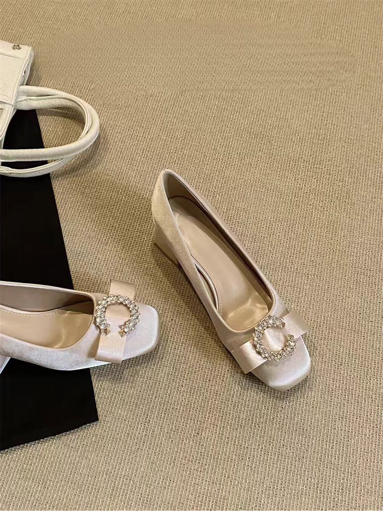 French gentle with skirt thick heel light mouth single shoes women's spring bow satin square head bridesmaid shoes high heels