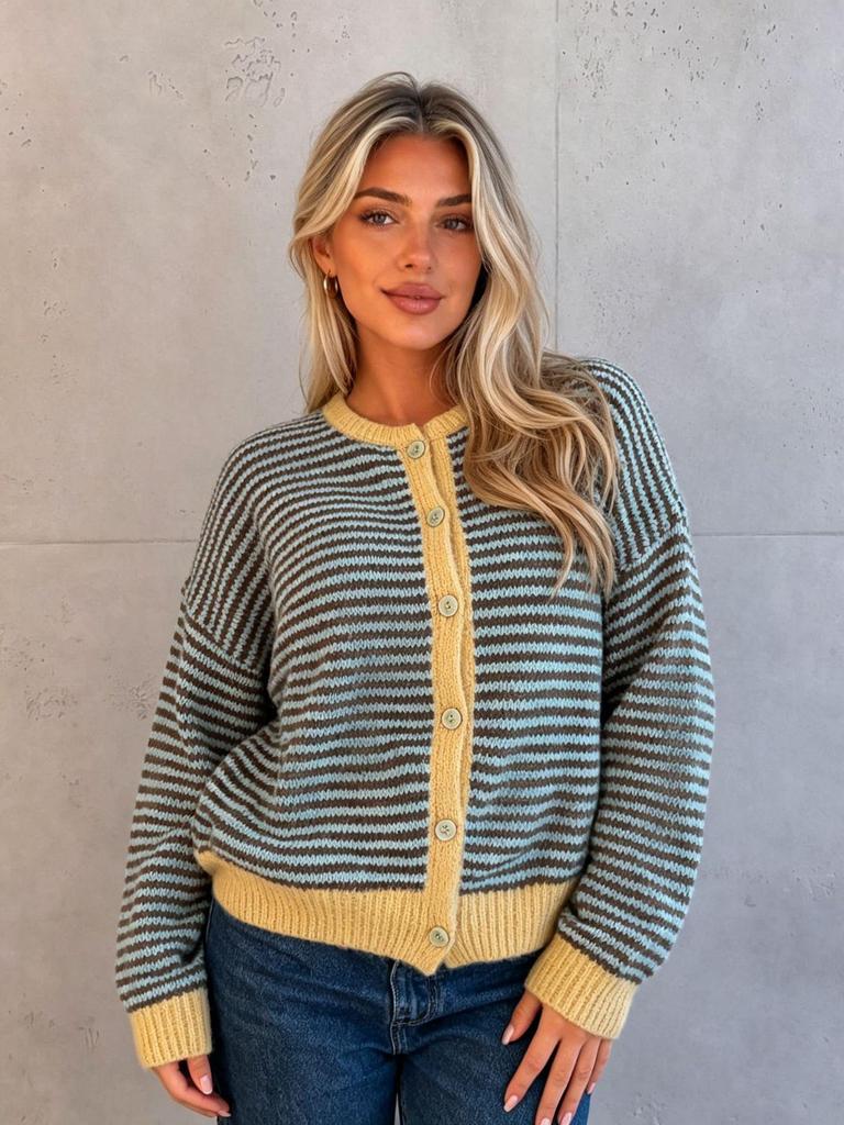 2026 Autumn Women's Color Block Stripe Knit Cardigan Sweater with Button Closure