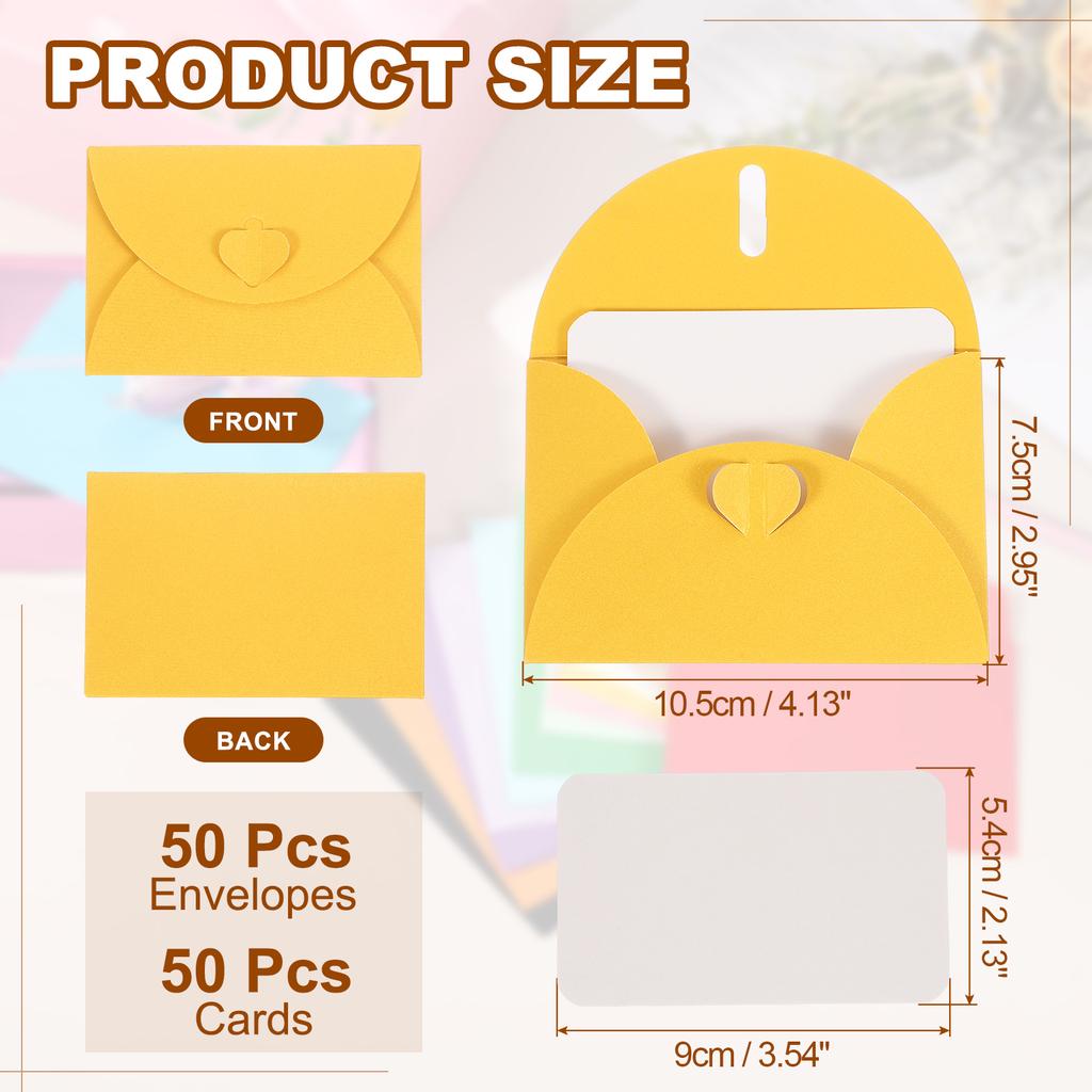 50Set Mini Heart Clasp Envelopes with Blank Note Cards for Gift Wedding Invitation Graduation Holiday Thanksgiving Day Christmas