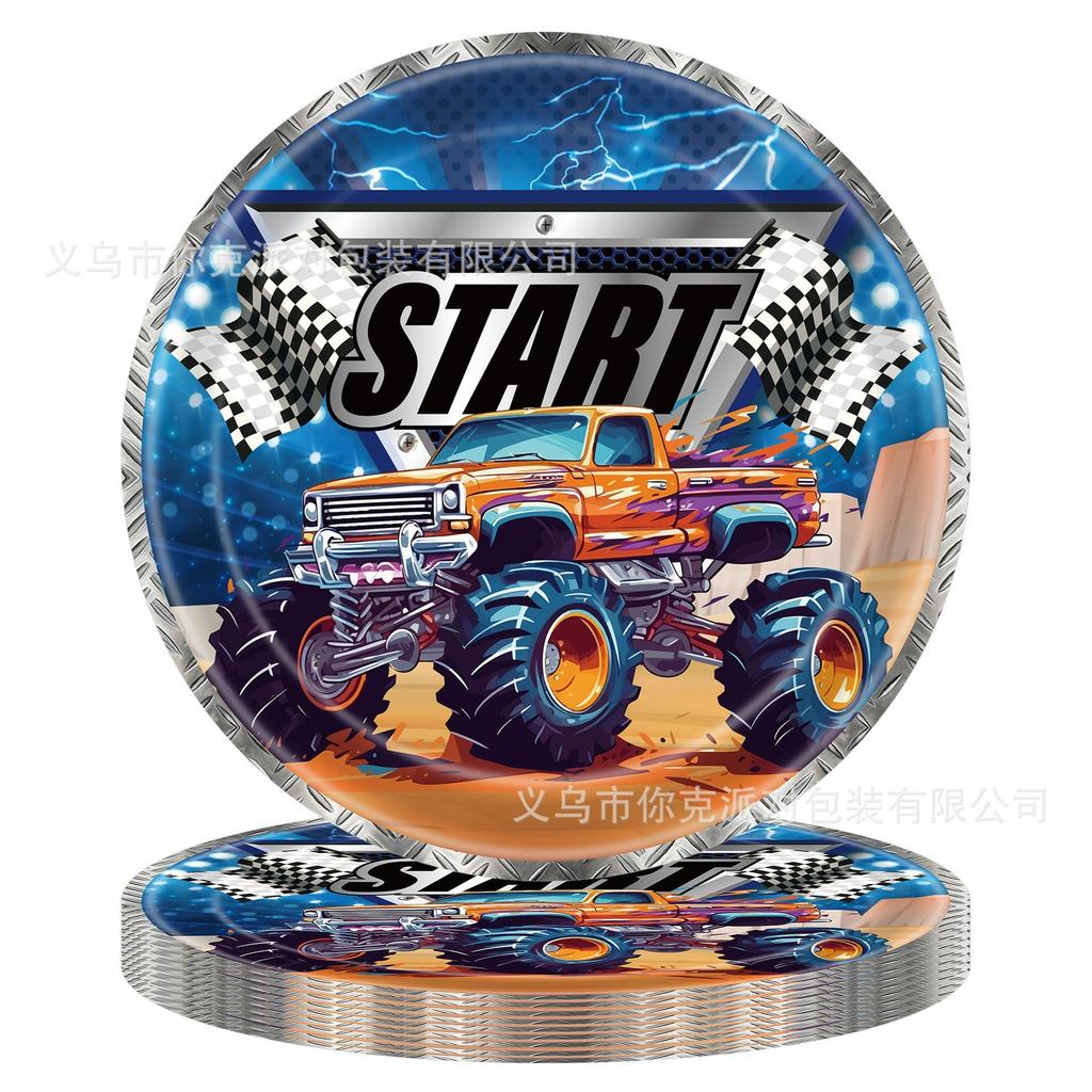 Monster Truck-Themed Kids' Party Decorations: Paper Plate Set, Disposable Birthday Tableware, Race Car Plates, and Themed Decor Props