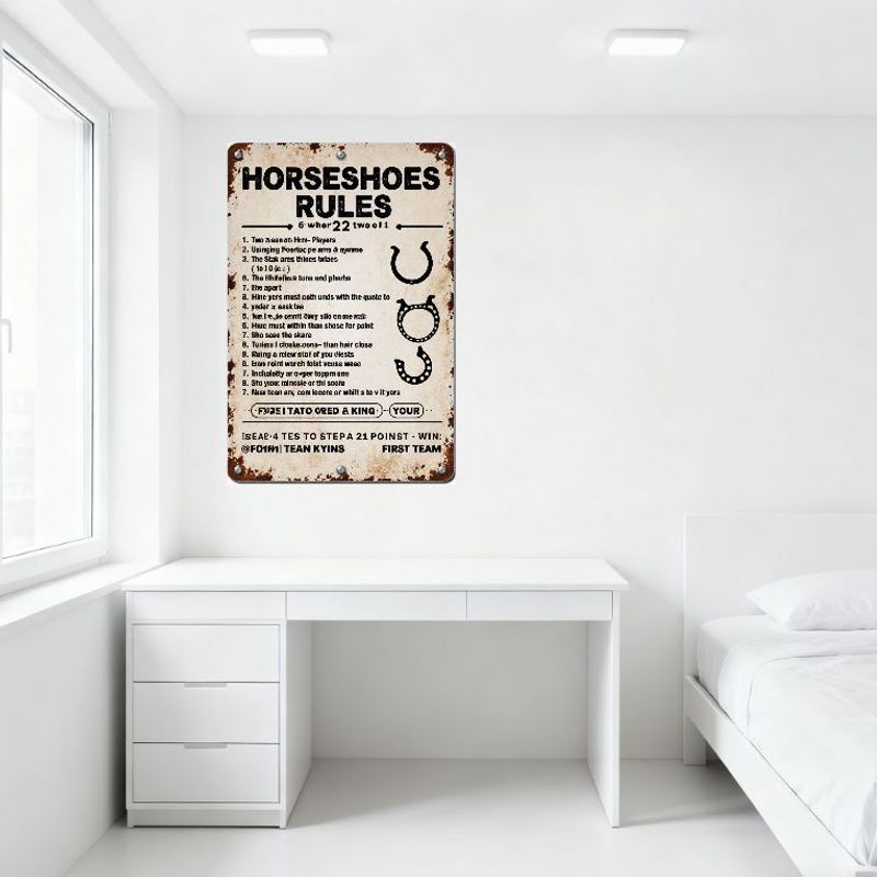 Vintage 'Horseshoes Rules' Metal Tin Sign with Rusty Edges, Artistic Retro Home Bar Man Cave Decor, Custom Novelty Iron Plaque f