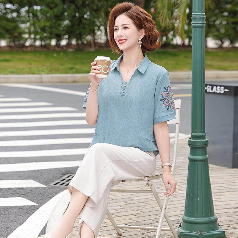 2026 Summer Cotton Linen Shirt & Pants Set for Middle-aged Women – Chinese Style, Short Sleeve T-shirt