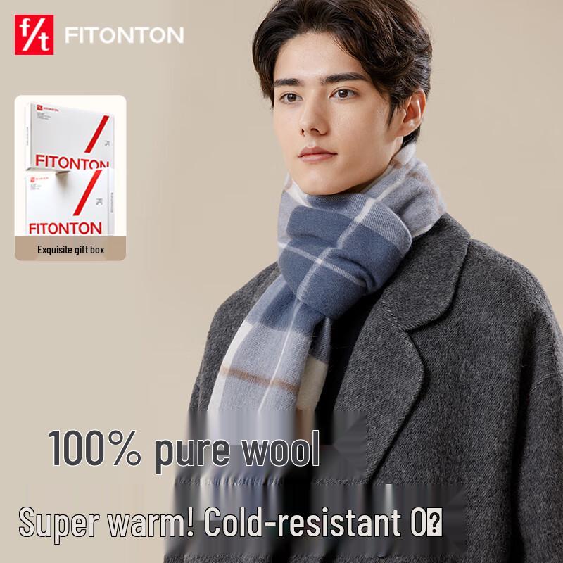 FitonTon Men's 100% Wool Plaid Scarf