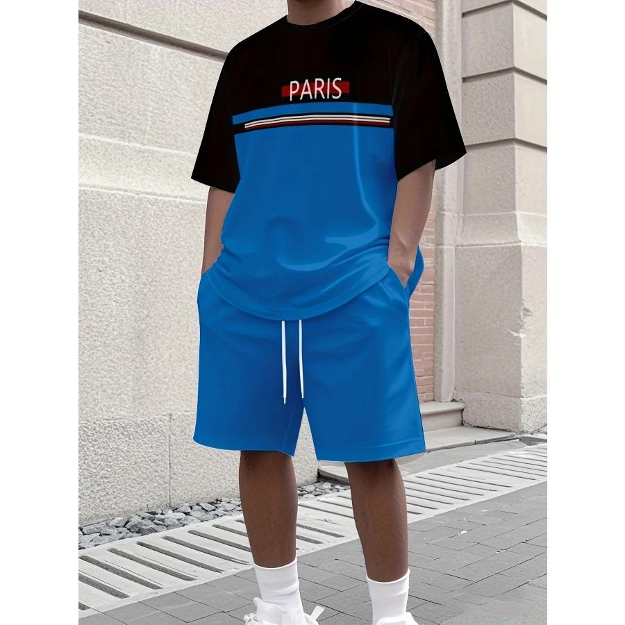 Summer Solid-Color T-Shirt and Shorts Set Letter Print Short-Sleeve Top with Drawstring Shorts Streetwear Men Fashion Sportswear