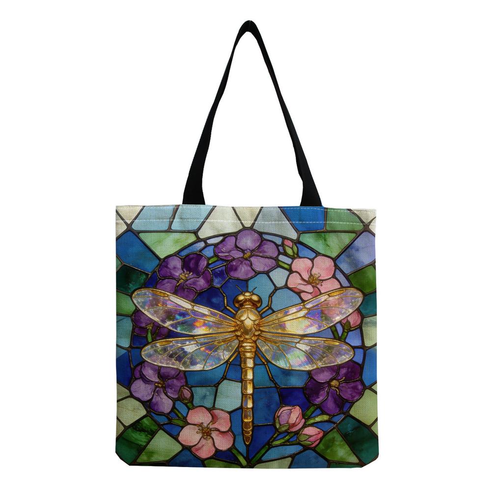 Women Vintage Linen Tote Bag - Large Capacity Dragonfly Print Shoulder Handbag for Casual & Grocery Shopping KTB