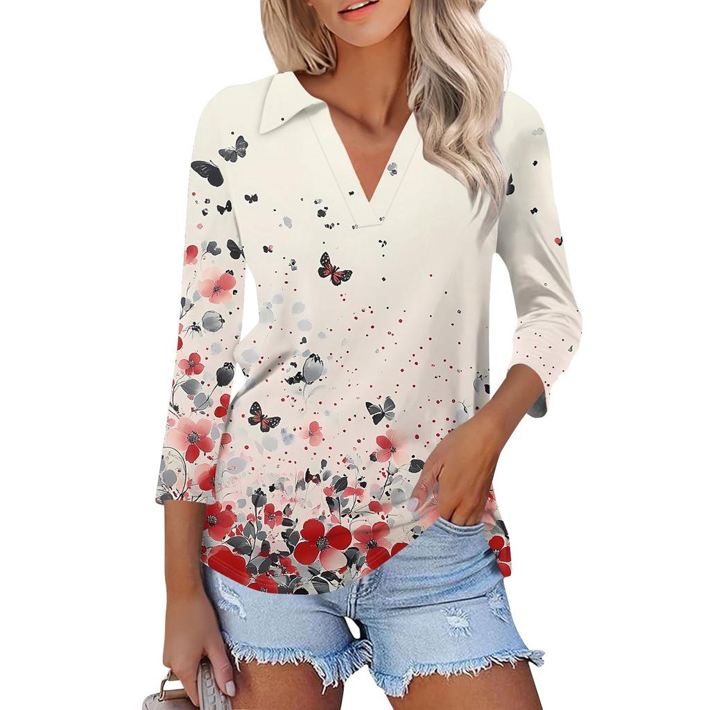 Damenmode Lässiges Revers 3/4 Ärmel Bedrucktes Hemd Damen V-Ausschnitt Oberteile
