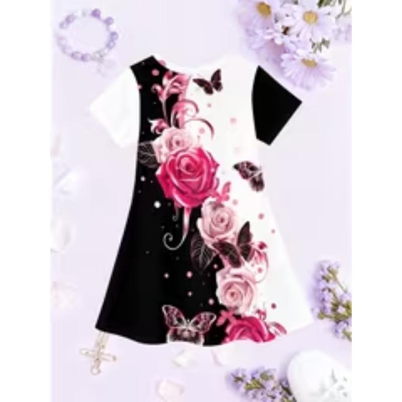 Girl's 3D Cat Print Maxi Dress, Elegant Round Neck + Loose Fit, Ideal for Daily Picnics, Sweet Picnic Outfit