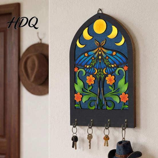 Key Hanger for Bedroom Door Bohemian Wooden Hanger Decorative Wall Mounted Holder with 4 Metal Boho Style Decor Hooks Artistic Hanging Hook Entryway