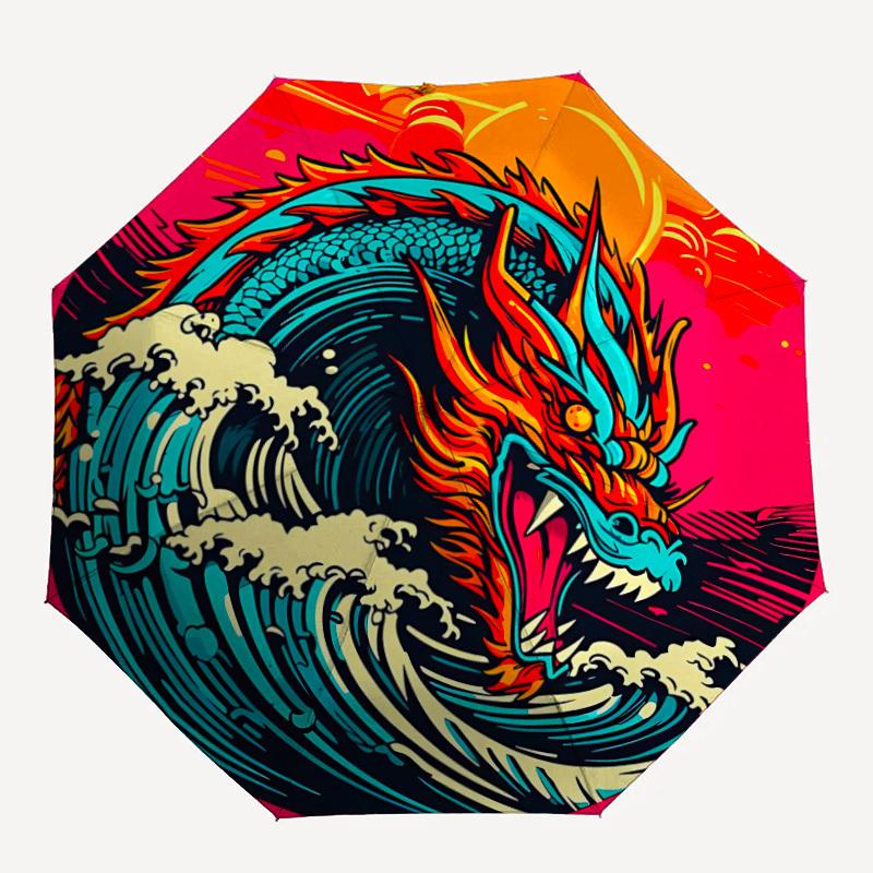 1pc Ocean Dragon Automatic Open/close Folding Compact Umbrella, 8 Rib Sturdy Canopy, Lightweight Portable, Everyday Use, Gift,,140