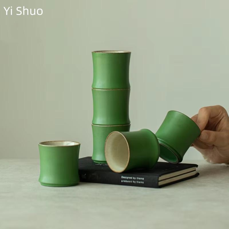 Chinese Style Bamboo Cup Creative Green Glaze Green Bamboo Teacup High-end Master Cup Home Kung Fu Tea Set Ceramic Drinking Cup
