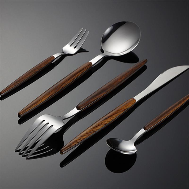 5PCS Stainless Steel Portuguese Tableware Sets Clip Wooden Handle Knife Fork Spoon Gold Cutlery Set Household Utensils for Kitch