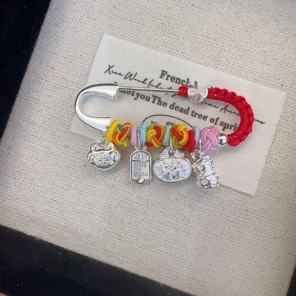 Sterling Silver Ping An Kou Brooch with Hand-woven Red String Pendant - Couple Gift for Girlfriend or Best Friend.