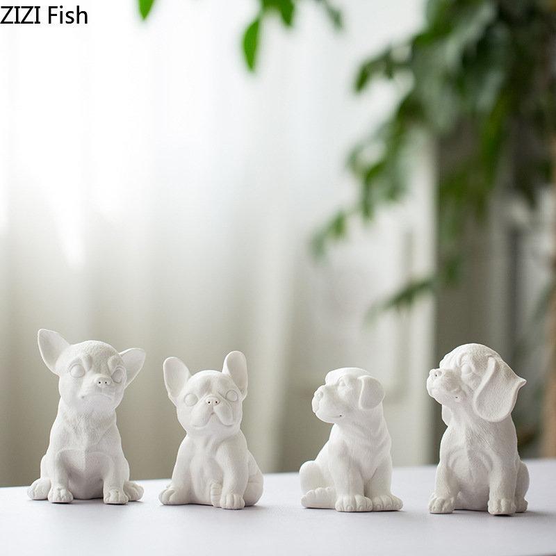 Lovely Puppy Ceramic Sculpture French Bulldog Ornaments Crafts White Dog Miniature Figurines Desk Decoration Animal Statue