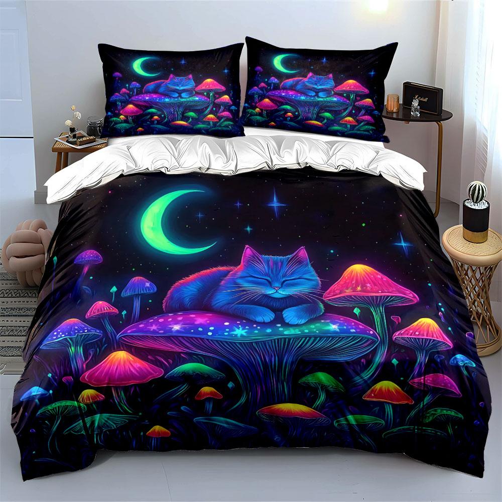 Dreamy Cat and Glowing Mushrooms Print Bedding Set 1 Duvet Cover 2 Pillowcases for Adult and Children Luxury Gift Full Size