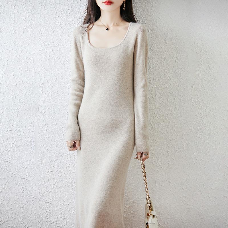 Women Sweater Dress 100% Wool MODERN NEW SAGA U-neck Knit Long Pullover Winter Jumpers Wool Long Dress Female