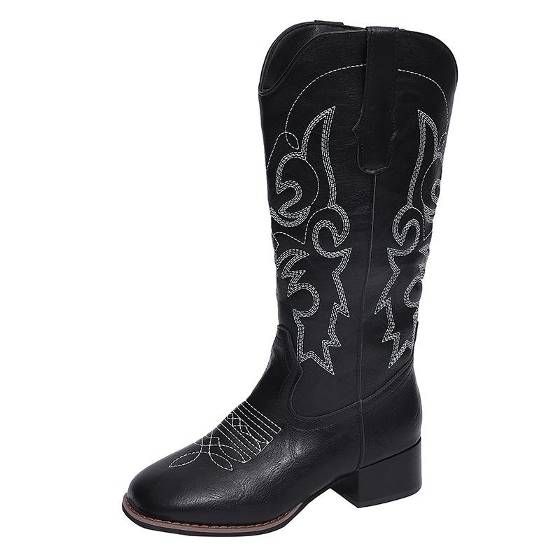 

Осень и зима 2025~ новые ботильоны с V-образным вырезом и толстым каблуком, с вышивкой на голенище, в стиле ретро, средней высоты голенища, для внешней торговли, ковбойские ботинки Мартин 43 чёрный