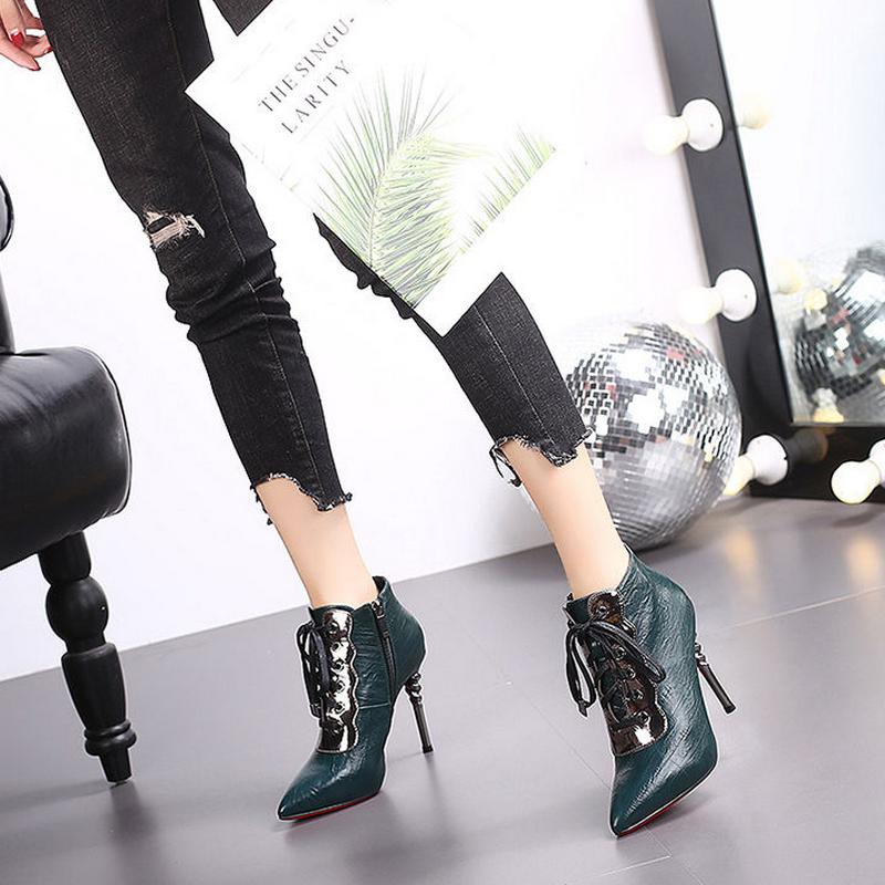 Fashion FHC 2024 New Women Naked Boots,High Heeled Autumn Shoes,Short Botas,Front Lace-up,Pointed Toe,34-39,Black,Green,Dropship