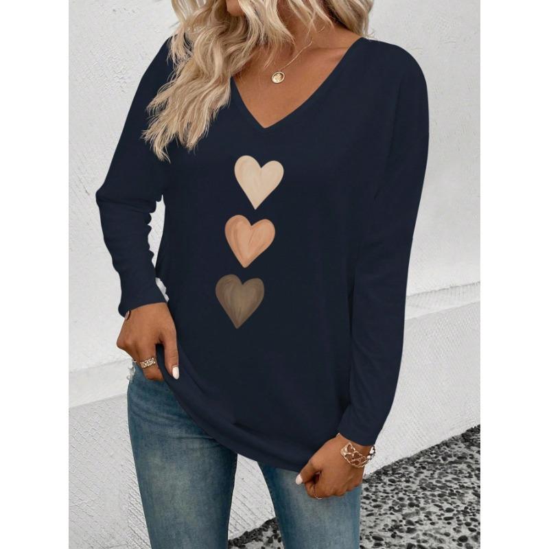 Women Casual Comfortable V Neck Long Sleeve Heart Print T Shirt