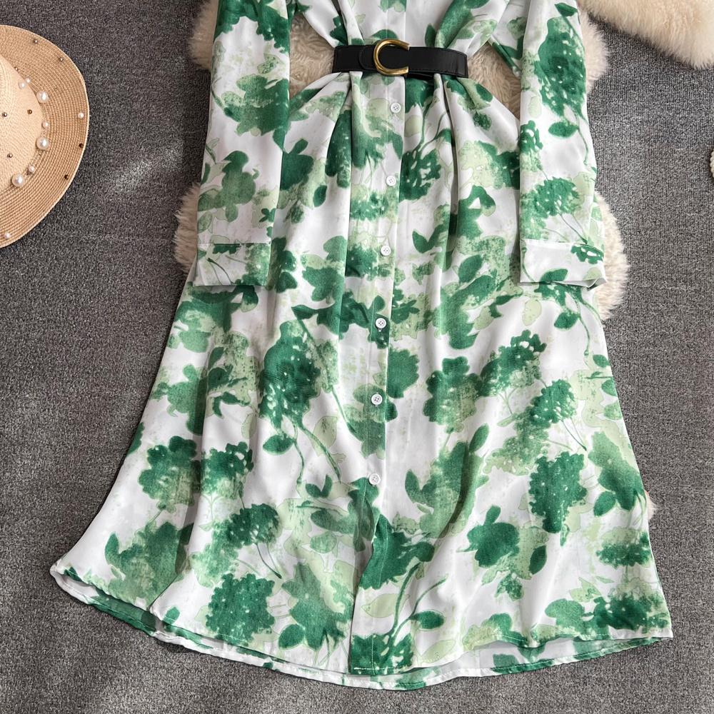 Nowa jesienna moda damska sukienka z kwiatowym nadrukiem skręcić w dół kołnierz z długim rękawem jednorzędowa linia w stylu vintage Midi sukienki imprezowe