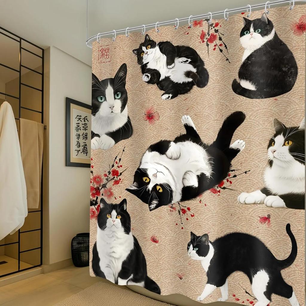 Japanese Cherry Cat Shower Curtain Black White Red Cute Animal Waterproof Polyester Bathroom Home Decorative Cover with Hook