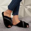 Fashion Fashion Glitter Cross Strap Faux Fur Slides Women 2025 Winter Warm Short Plush Slippers Comfort Non Slip Indoor Furry Slippers