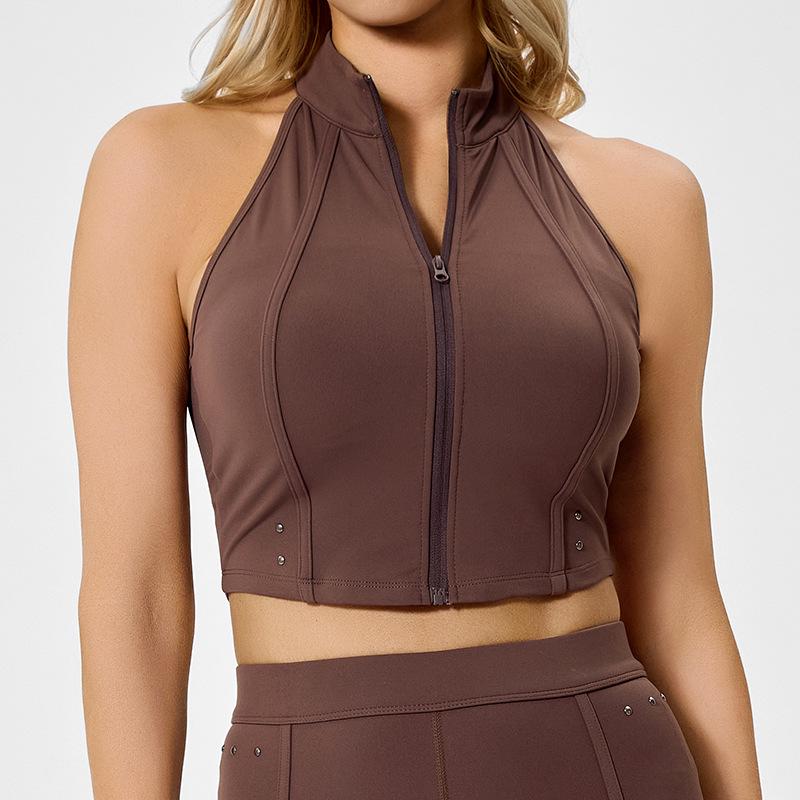 

Спортивный жилет на молнии для трансграничной торговли: Дышащий, Утягивающий, Модный топ для йоги Medium кофейный