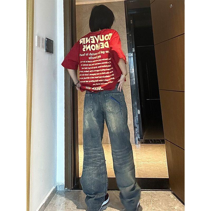 American style high street niche repair ripped jeans male vibe style ripped loose straight couple jeans