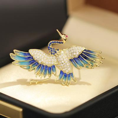 Style chinois, broche grue bleue élégante haut de gamme, épingle animale animal en plaqué or véritable micro-zircon, accessoires pour hommes et femmes.