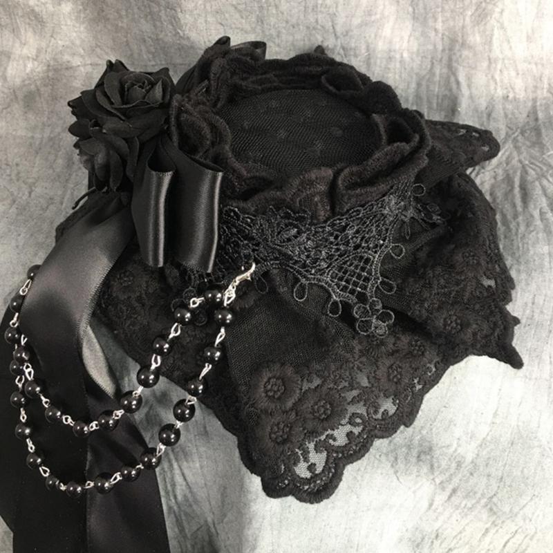 Lolita Ribbon Bows Beaded Pendant Bonnet Cap Headdress Gothic Flower Lace Mini Top Hat Headwear Cosplay Accessories