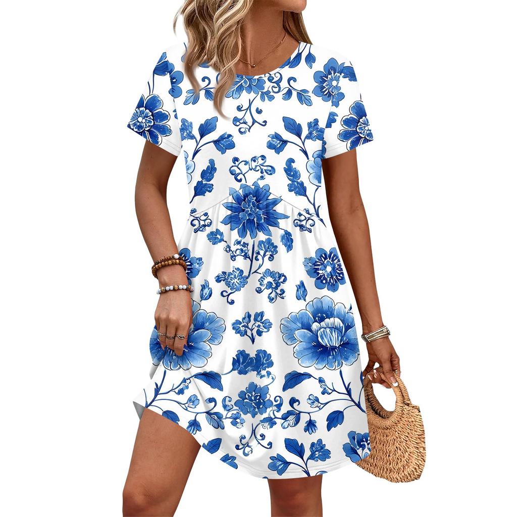Dresses For Women Short Sleeve Print Round Neck Casual Dresses Waist Dress With Pockets